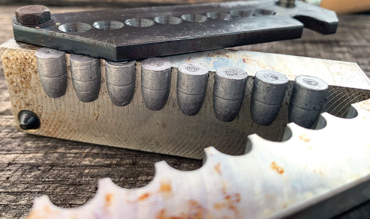 The MP Molds 8-cavity, 130-grain mold used for 9mm is a powder coated mold; there are no lube grooves. This raises the weight to 140 grains and makes casting easier, as the bullets just “plop” out of the cavities without lube grooves holding them in place.